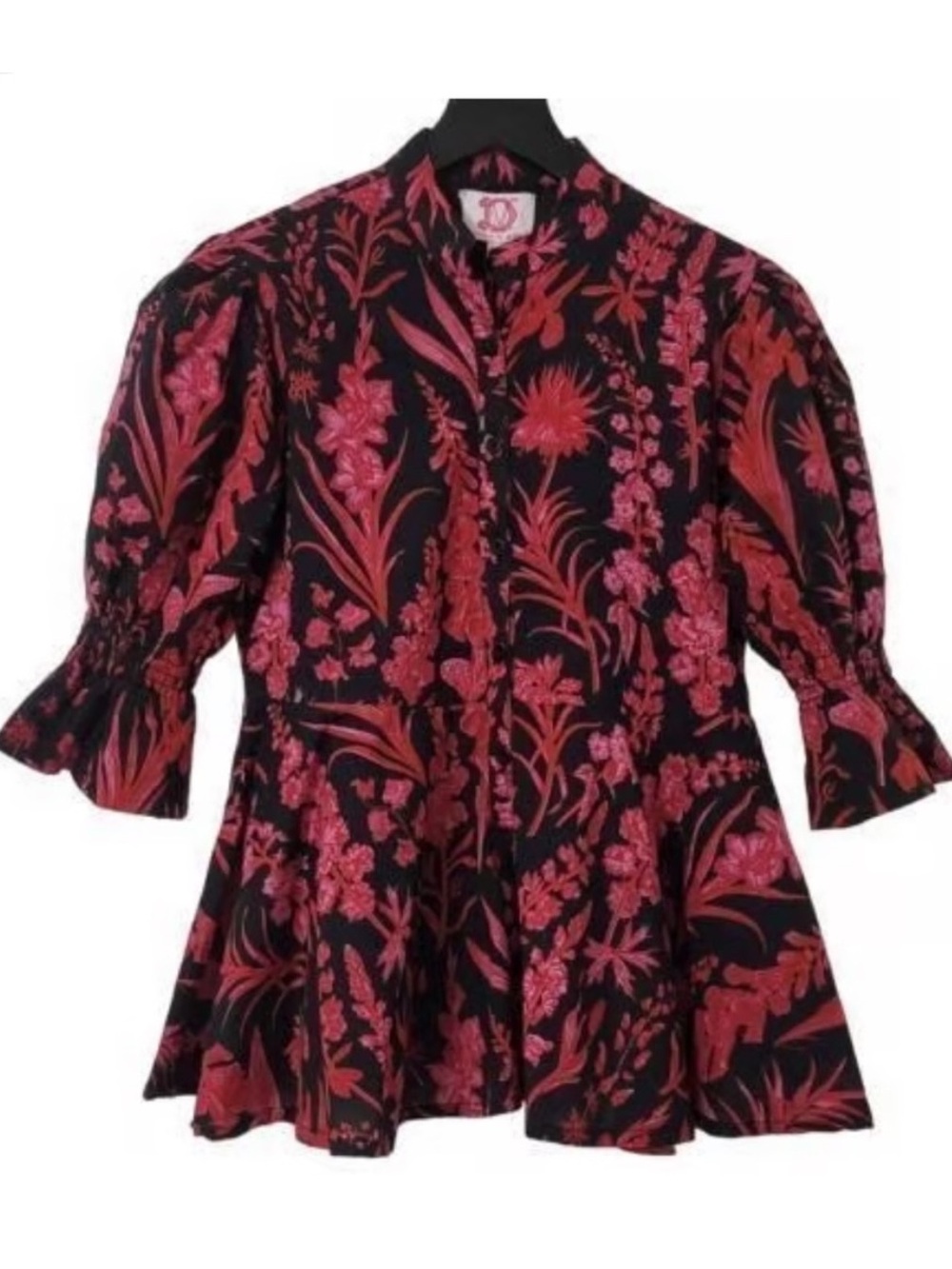 Victoria Dunn Legare Floral Peplum Blouse Puff Sleeve Cottage Boho Cotton Large